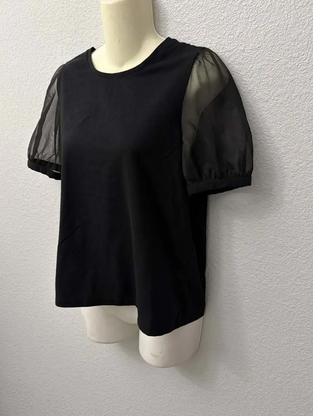 Madewell Sheer Puff Mesh Sleeve Crew Neck Knit Top